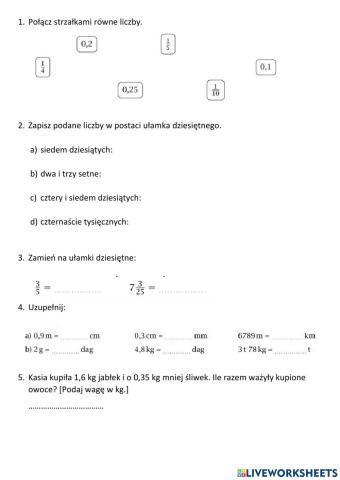 Ułamki dziesiętne sprawdzian kl.5