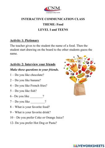 Communitive Activity - Food - Adults Level I and Teens