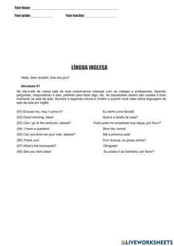 Greetings, palavras cognatas, school objects