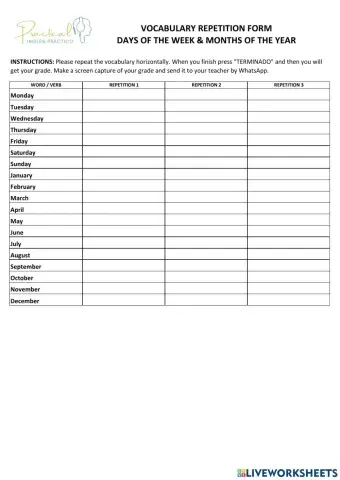Vocabulary repetition form - days & months