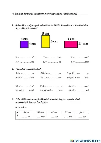 Téglalap területe, kerülete