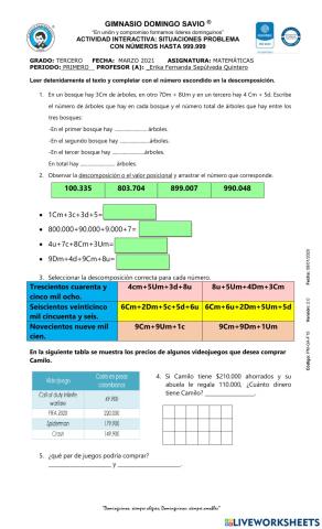 REPASO NUMEROS Centena de Mill y Operaciones básicas