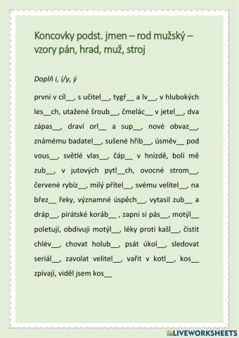 Koncovky - vzory pán, hrad, muž, stroj