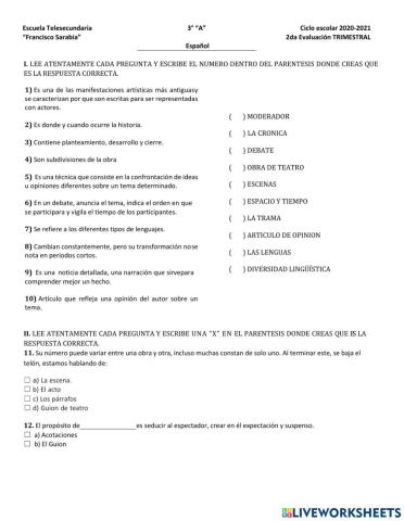 Evaluación segundo trimestre Español
