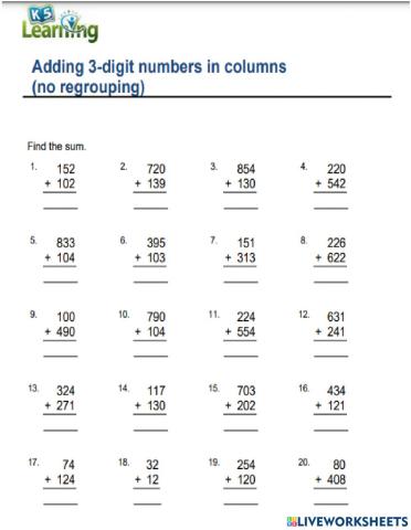 Suma de tres dígitos sin reagrupar