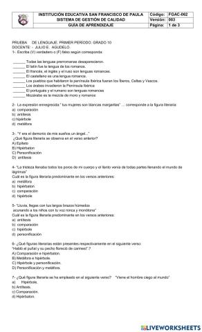 Formació de la lengua Española-Lenguaje verbal y no verbal-Figuras literarias.