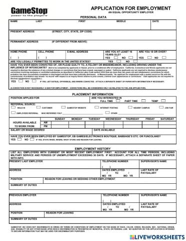 Game Stop Job Application