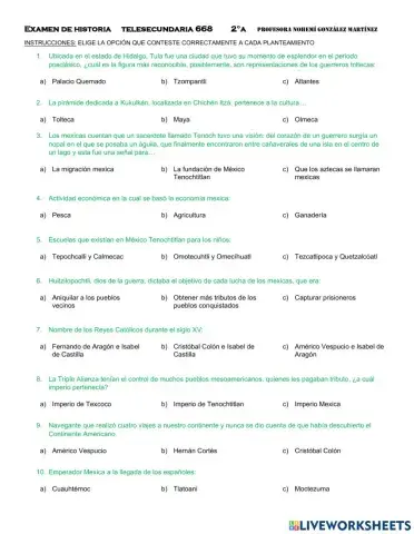 Examen de Historia 2° de Secundaria Segundo Periodo