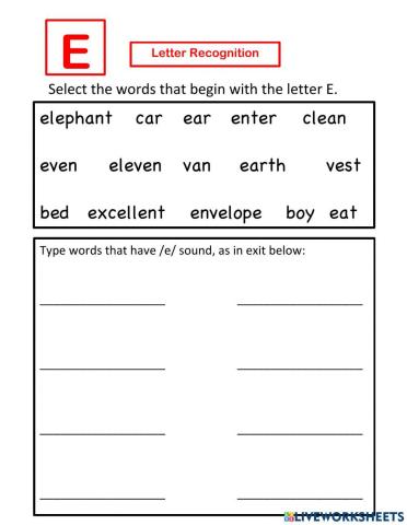 Letter E recognition - Select and Write