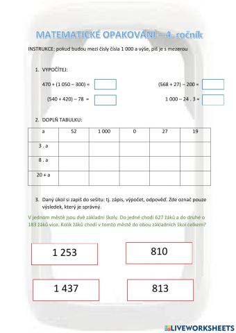 Matematické opakování - 4. ročník