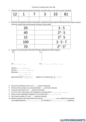 Prímszámok, összetett számok, lnko, lkkt