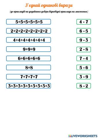 З’єднай однакові вирази (замінюємо додавання множенням)