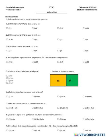 Examen matemáticas 2do trimestre