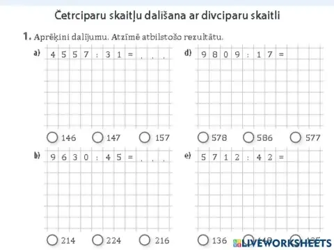 Četrciparu skaitļu dalīšana ar divciparu skaitli