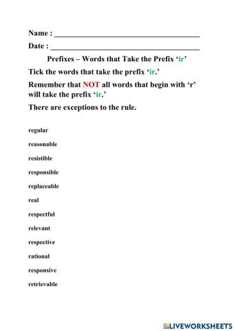 Prefixes - Words That Begin With 'r'