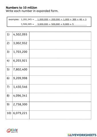 Expanded Form Numbers to 10 Million