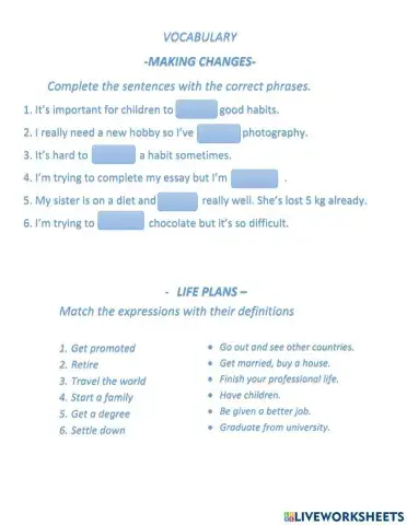 VOCABULARY: MAKING CHANGES AND LIFE PLANS