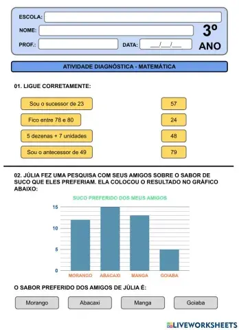 3º ANO MATEMÁTICA - Atividade Diagnóstica