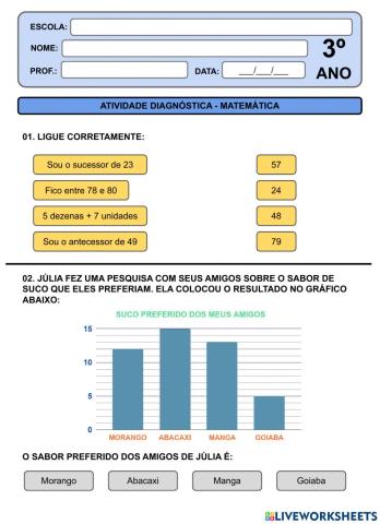 3º ANO MATEMÁTICA - Atividade Diagnóstica