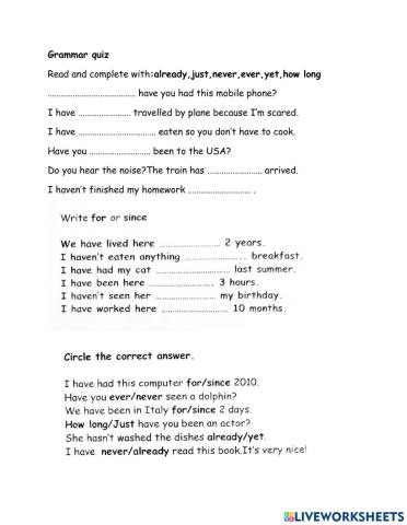 Grammar quiz pres perf key words