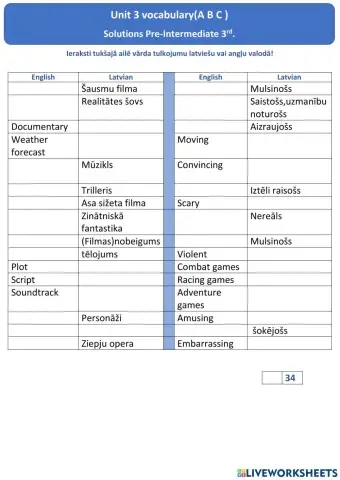 Vocabulary test Unit 3(ABC) Solutions PI