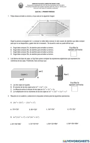 Quiz suma, resta y multiplicación algebra