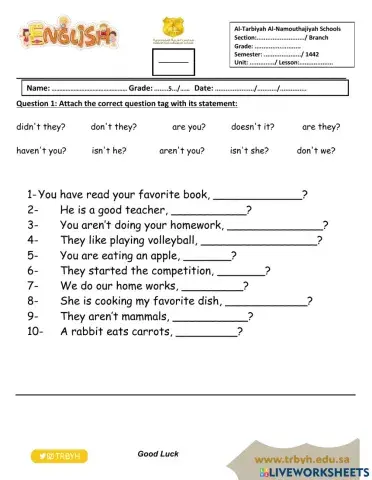 Grade 5 Unit 7 Question Tags
