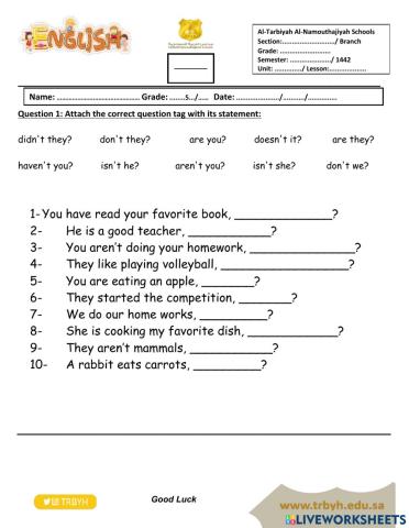 Grade 5 Unit 7 Question Tags