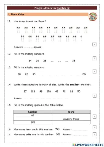 BAES place value progress check Maths for ESOL E2