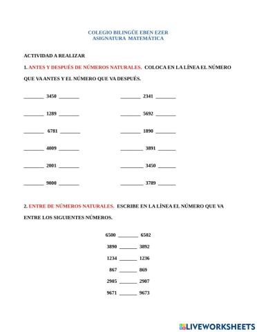 Antes, después y entre de números naturales