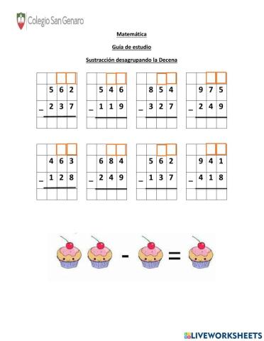 Sustracción desagrupando la Decena