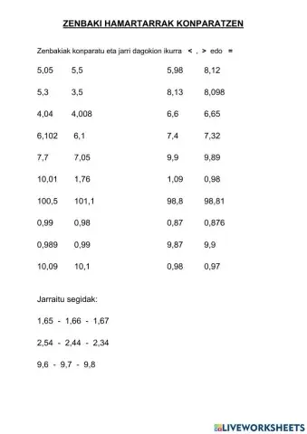Zenbaki hamartarren arteko konparaketa