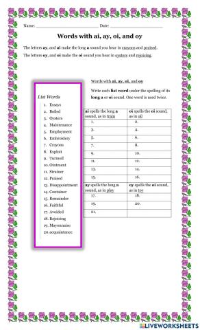 Words with ai, ay, oi and oy