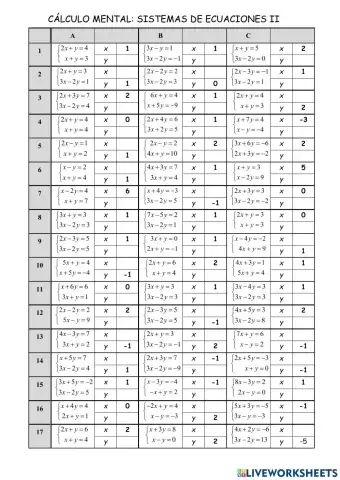 Cálculo mental 18: sistemas de ecuacións II