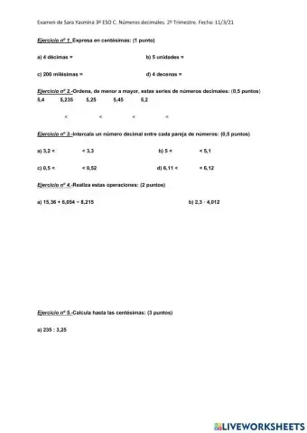 Examen de numeros decimales 1º eso