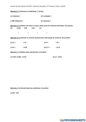 Examen de numeros decimales 1º eso