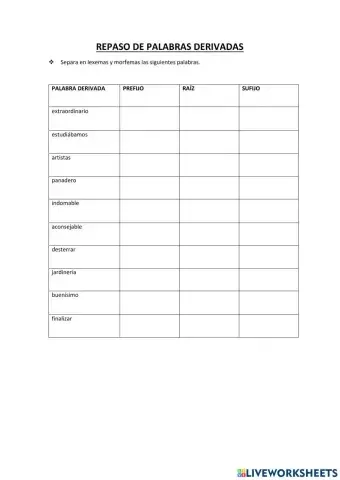 Repaso palabras derivas