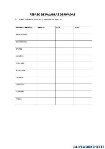 Repaso palabras derivas