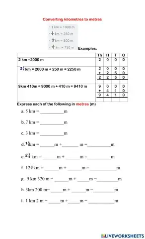 km to m worksheet