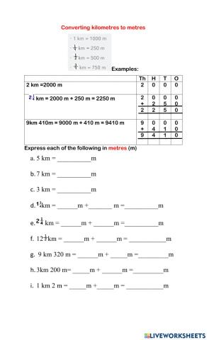 km to m worksheet
