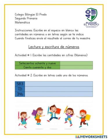 Lectura y escritura de números -centenas