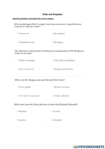 Pride and Prejudice comprehension questions