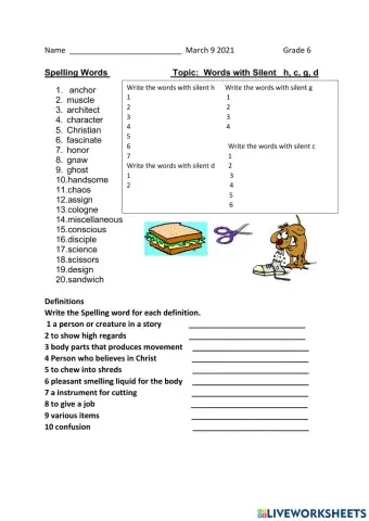 Spelling words with Silent h   g c   and d