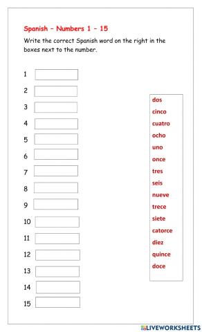 Spanish Numbers 1-15 worksheet