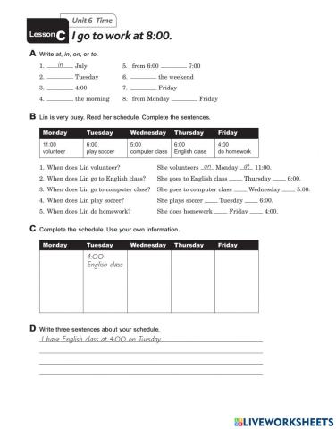 UNIT 6 LESSON C: I go to work at 8:00 - Extra Practice