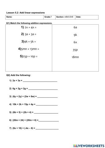 Linear expressions addition and subtraction