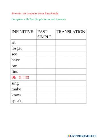 Short test on irregular verbs past simple