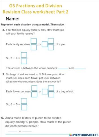 G5 Fractions and Division Revision Class worksheet Part 2