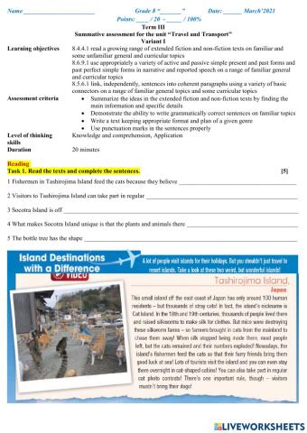 Summative assessment for the unit -Travel and Transport-