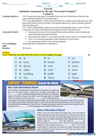 Summative assessment for the unit “Travel and Transport”, Variant II